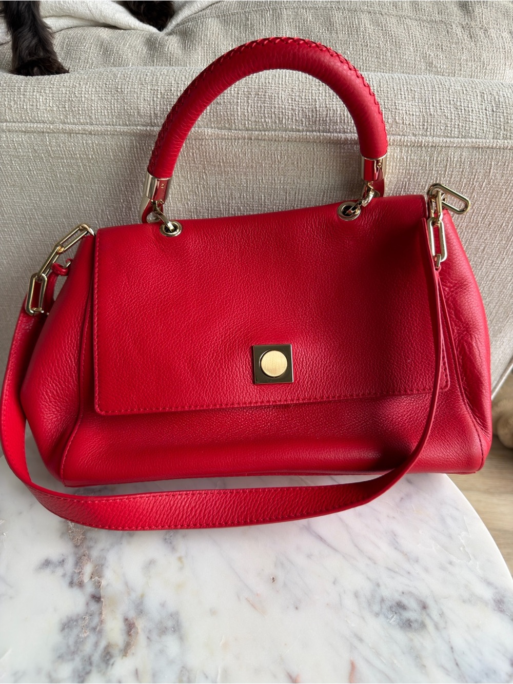 Structured Red Leather Top-Handle Satchel with Gold Accent